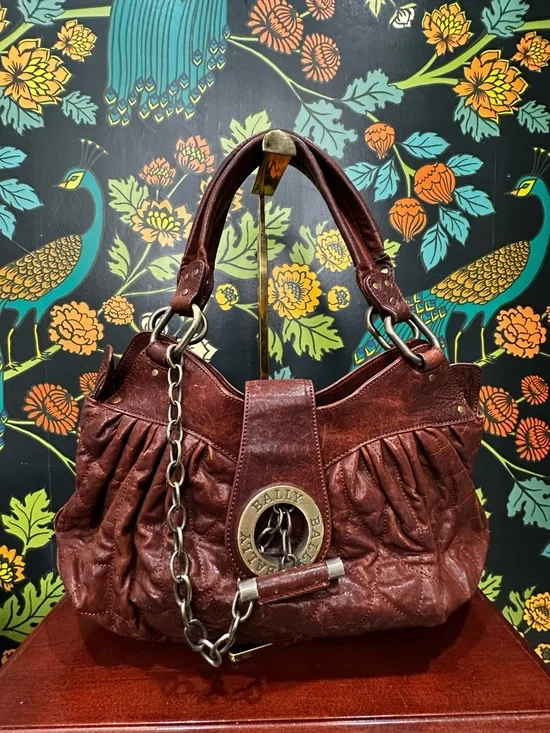 Bally Mopeeh Quilted Leather Shoulder Bag Brown Chain Medallion Y2K Italy - Picture 4 of 14